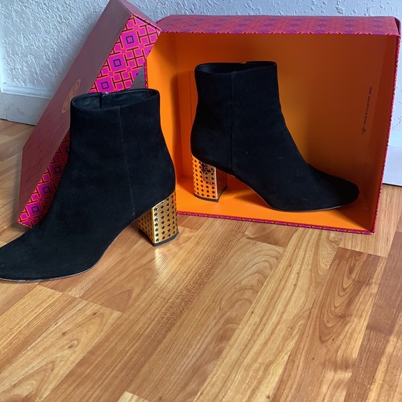 Tory Burch Booties Black Gold Starred Heel - Picture 1 of 13